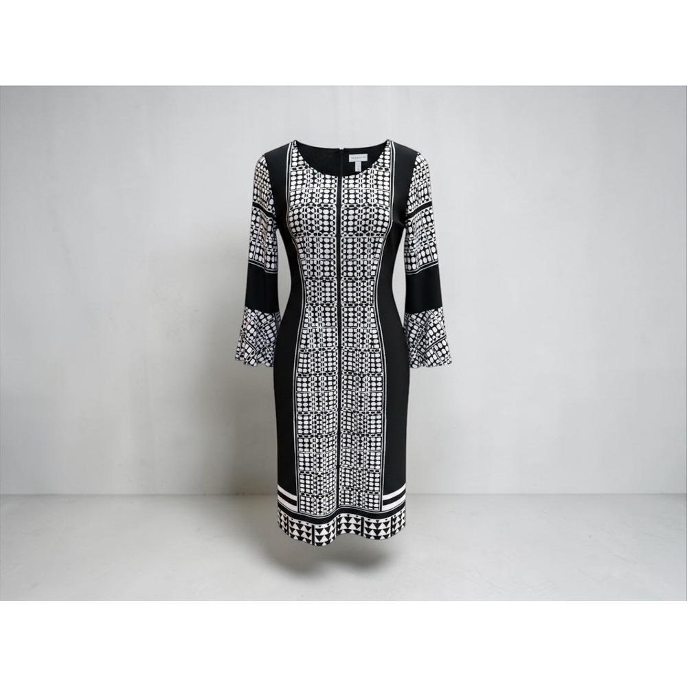 Susan Graver Black White Geometric Print Bell Sleeve Sheath Dress Womens XL EUC